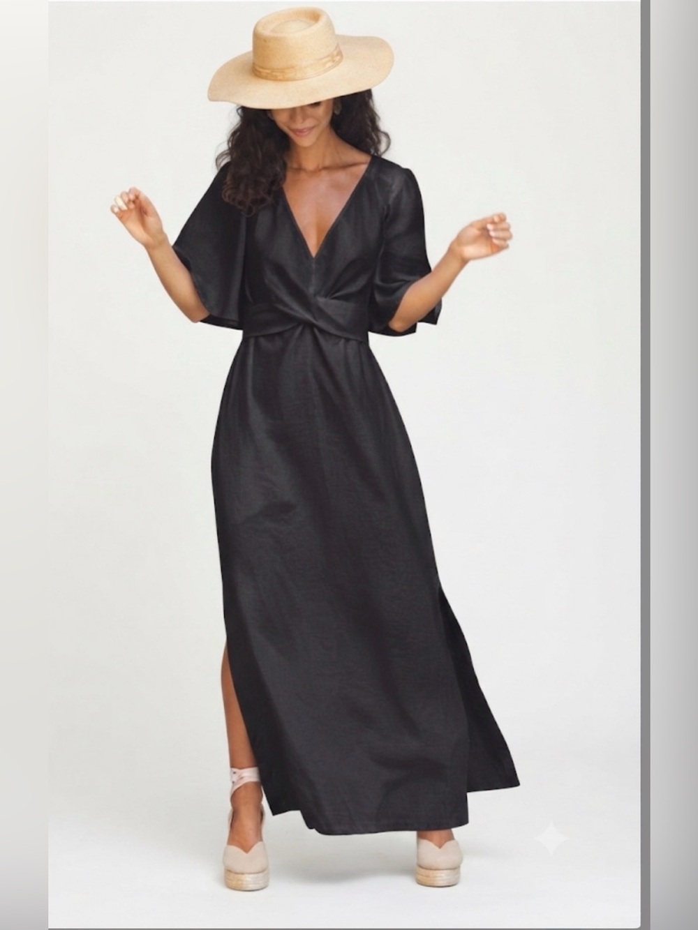 Magic Linen Agra Dress Women S Linen Maxi Flutter Sleeve Tie Waist Minimalist